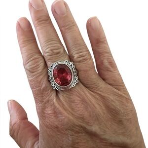 Pale Red Gemstone and Silver Embossed Ring